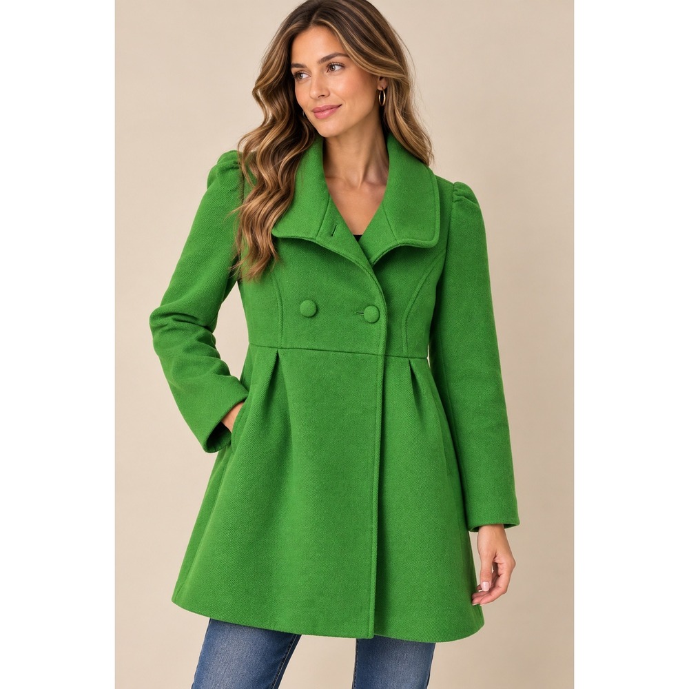 Old Navy Womens Pea Coat XS Green Wool Blend Double Breasted Pleated Puff Sleeve